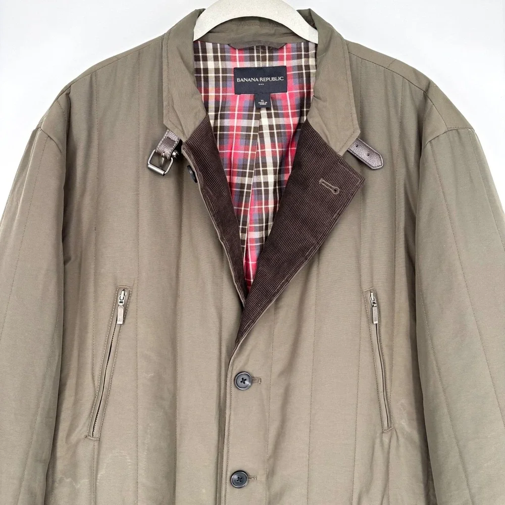 Banana Republic Quilted Barn Jacket Sz XL Olive Green Plaid Lined Classic Preppy